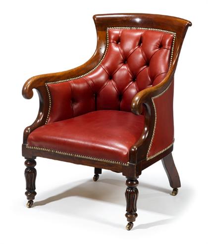 Appraisal: Regency mahogany library armchair The curved backrest over a the