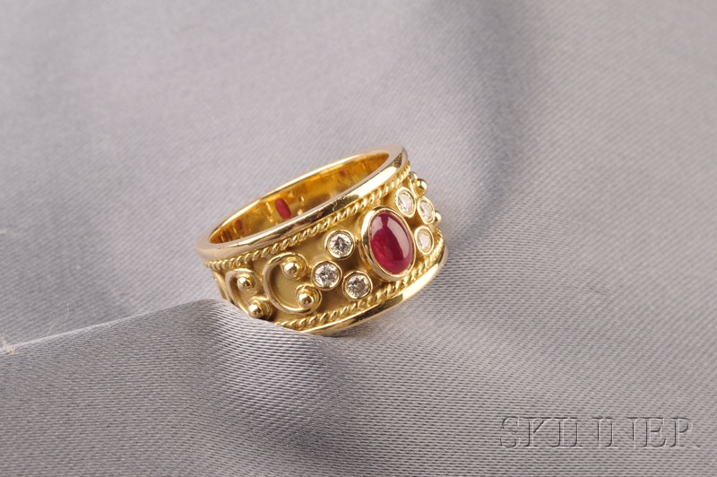 Appraisal: kt Gold Ruby and Diamond Ring bezel-set with a cabochon