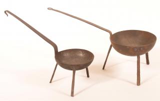 Appraisal: Two Wrought Iron Tripod Base Skillets and l overall