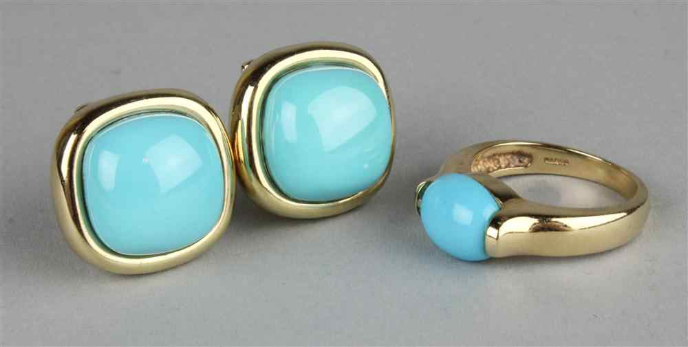 Appraisal: LADY'S TURQUOISE AND GOLD EAR CLIPS AND RING the ear