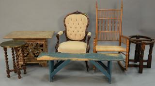 Appraisal: Six piece lot to include carved table rocker blue bench