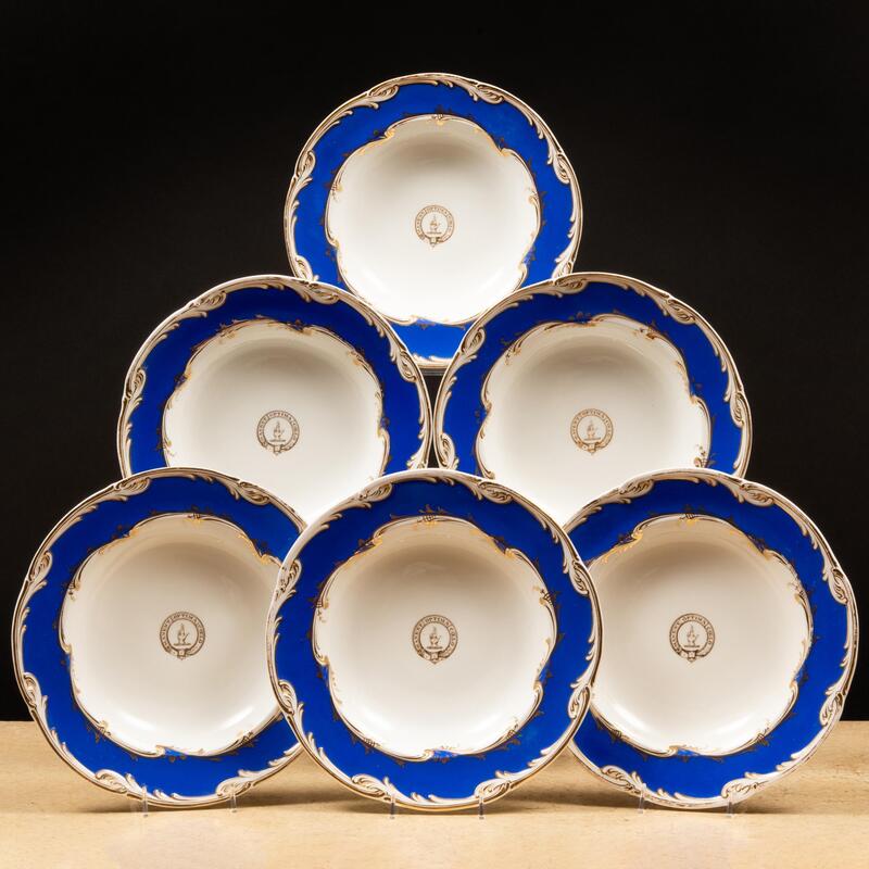 Appraisal: Set of Eight English Blue Ground Porcelain Crested Soup Plates