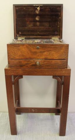 Appraisal: Regency Rosewood Vanity Box on Stand A brass bound vanity