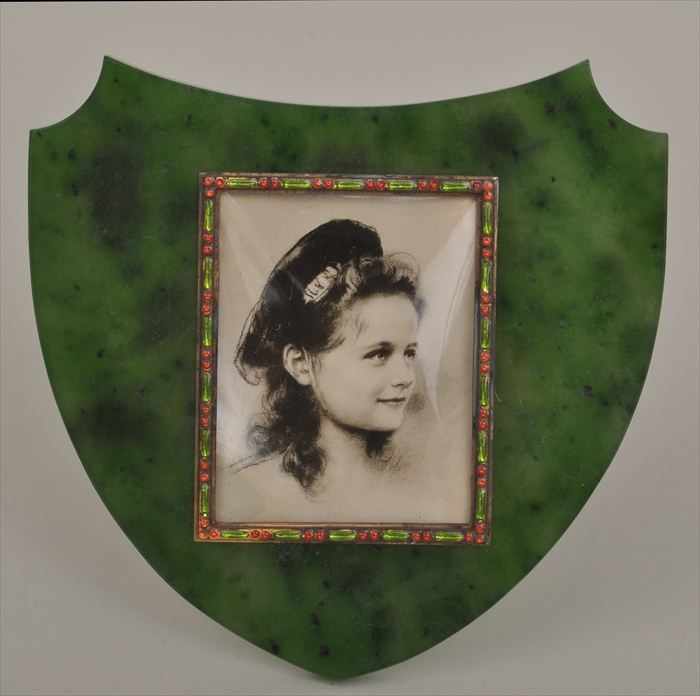 Appraisal: FABERGE CARVED NEPHRITE ENAMEL AND SILVER PHOTOGRAPH FRAME Marked with