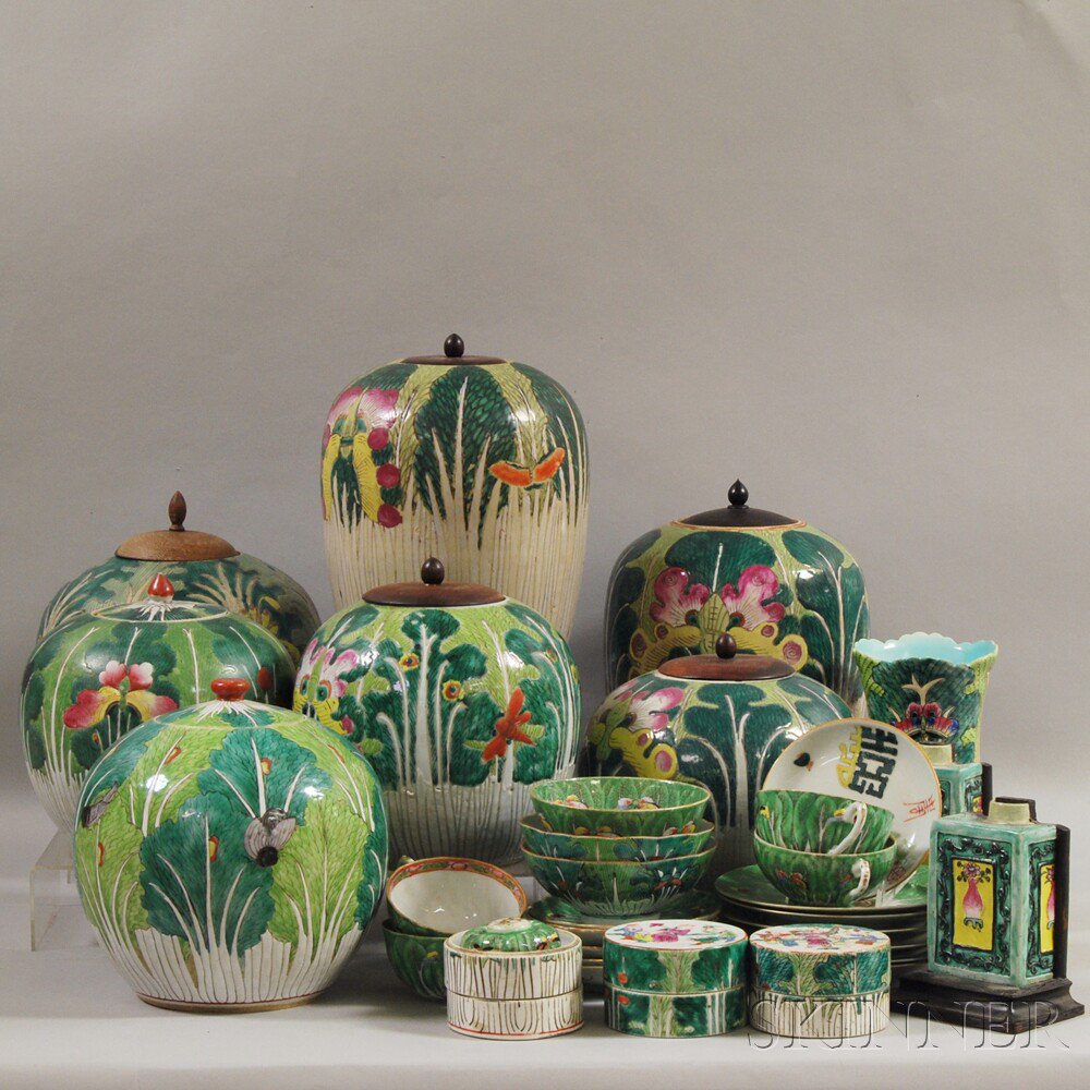 Appraisal: Approximately Thirty-six Pieces of Asian Cabbageware including seven covered jars