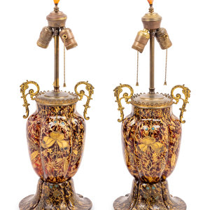 Appraisal: A Pair of Gilt Decorated Glass Vases Mounted as Lamps