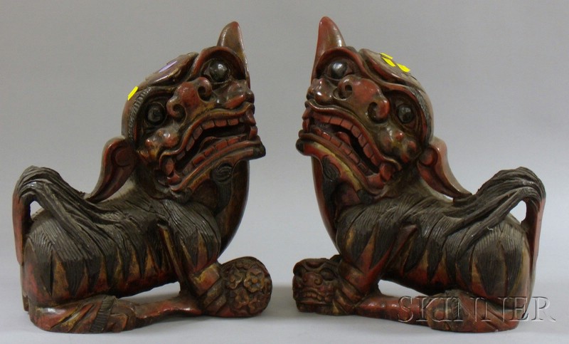 Appraisal: Pair of Asian Export Carved and Painted Wood Seated Foo