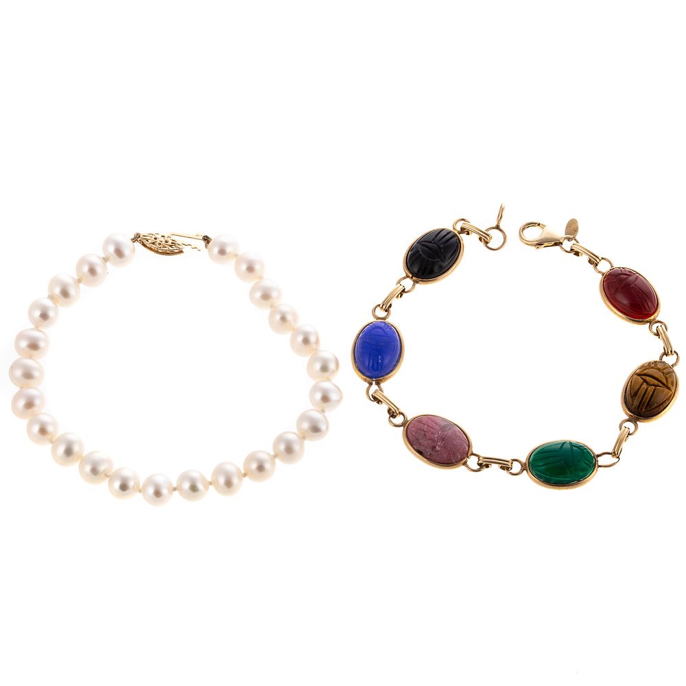 Appraisal: A Scarab Bracelet Pearl Bracelet in K K yellow gold