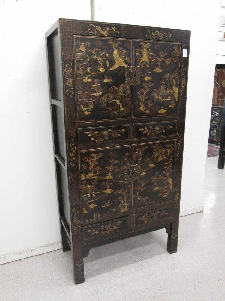 Appraisal: CHINESE BLACK LACQUER CABINET the front featuring two pairs of