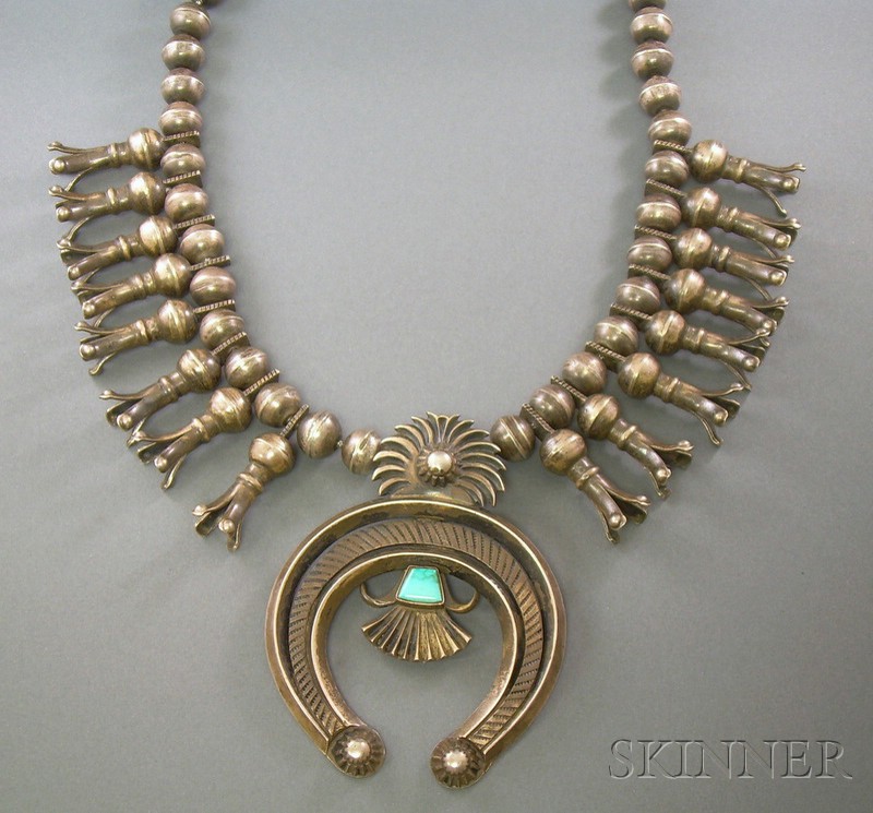 Appraisal: Southwest Silver and Turquoise Squash Blossom Necklace Navajo c second