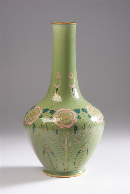 Appraisal: S VRES PORCELAIN ART NOUVEAU VASE Circa Avocado green body