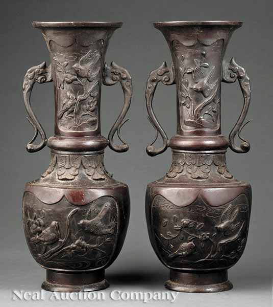 Appraisal: A Pair of Japanese Bronze Vases Meiji Period - each