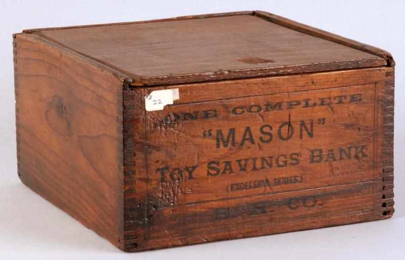 Appraisal: Wooden Mason Mechanical Bank Box Description Original box to a