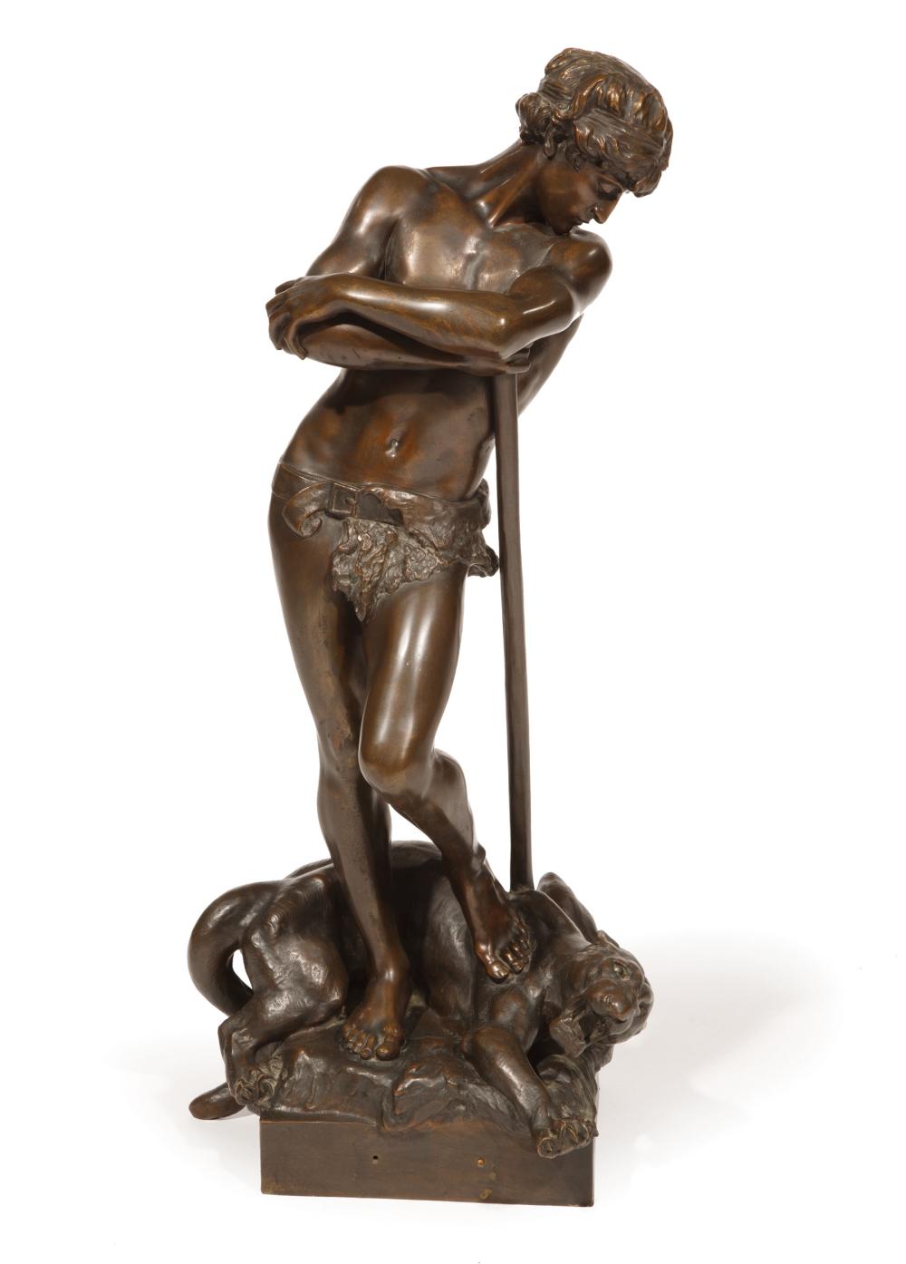 Appraisal: Bronze Figural Group of a Man Slaying Mountain Lion after