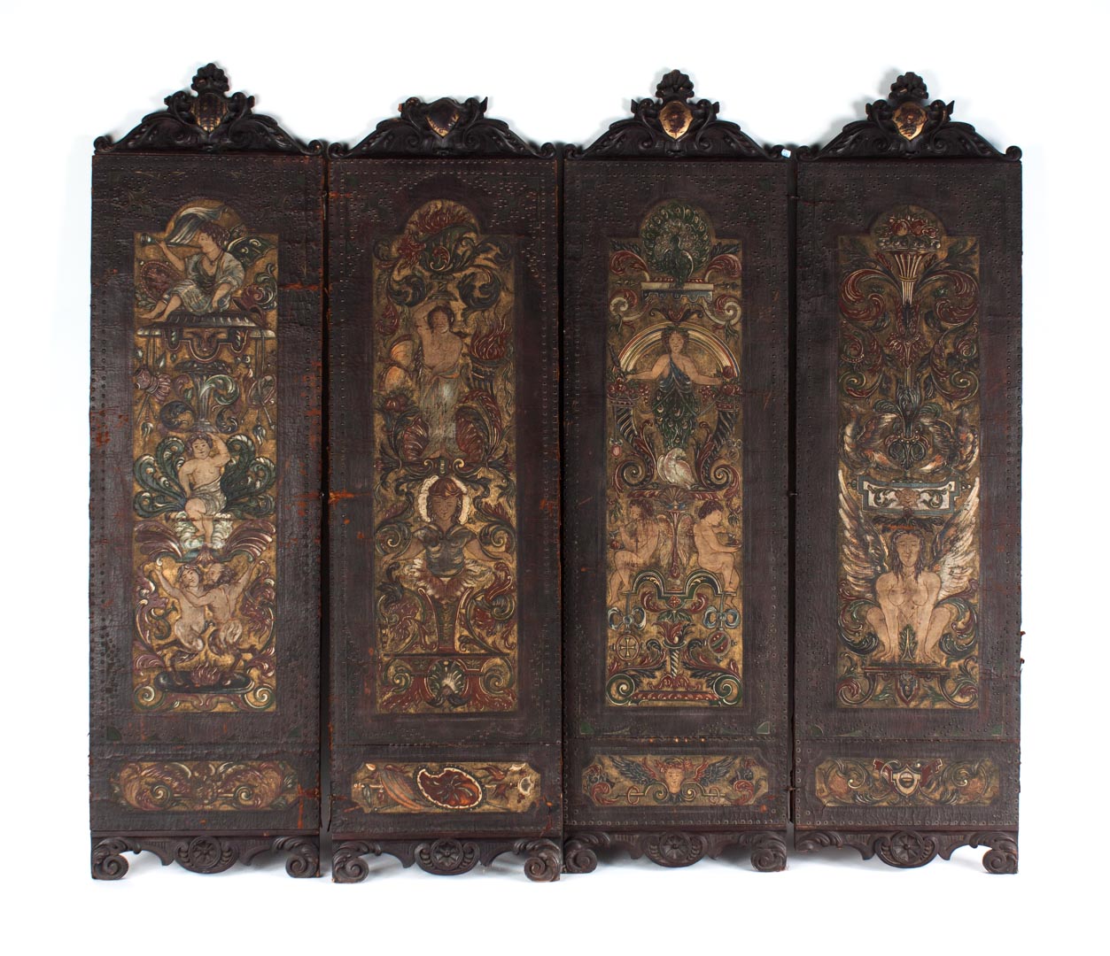 Appraisal: Continental carved walnut leather room screen early th century Renaissance