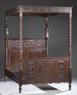 Appraisal: Continental Carved Oak Four Post Bed th c the headboard