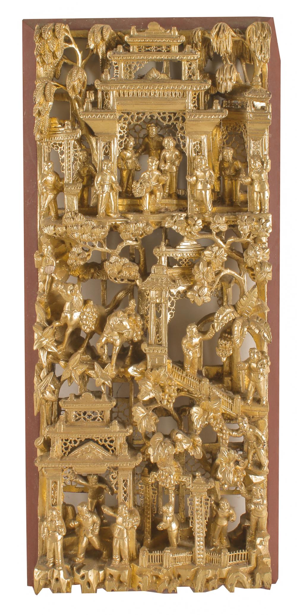 Appraisal: CHINESE CARVED GILTWOOD PANELdepicting multi-level temple x inches Condition