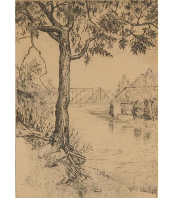 Appraisal: Evelynne Bernloehr Mess Daily American - Along White River etching