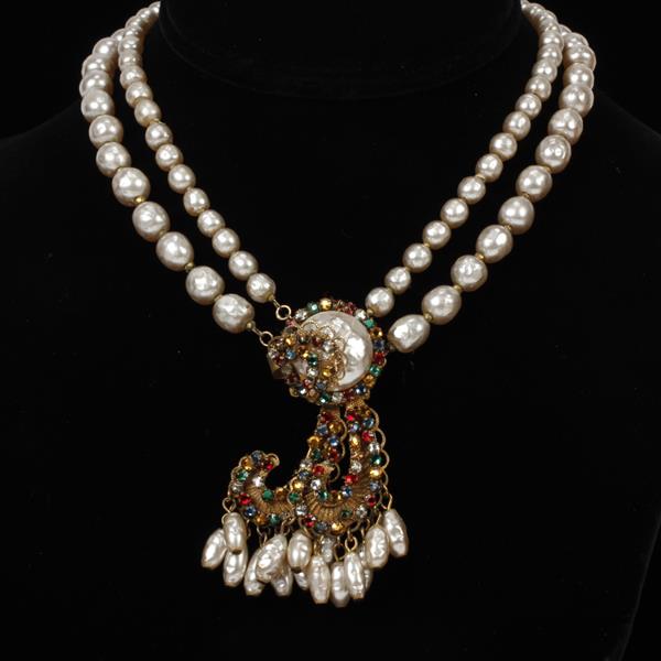 Appraisal: Miriam Haskell Double Strand Baroque Pearl Necklace with Rhinestone Paisley