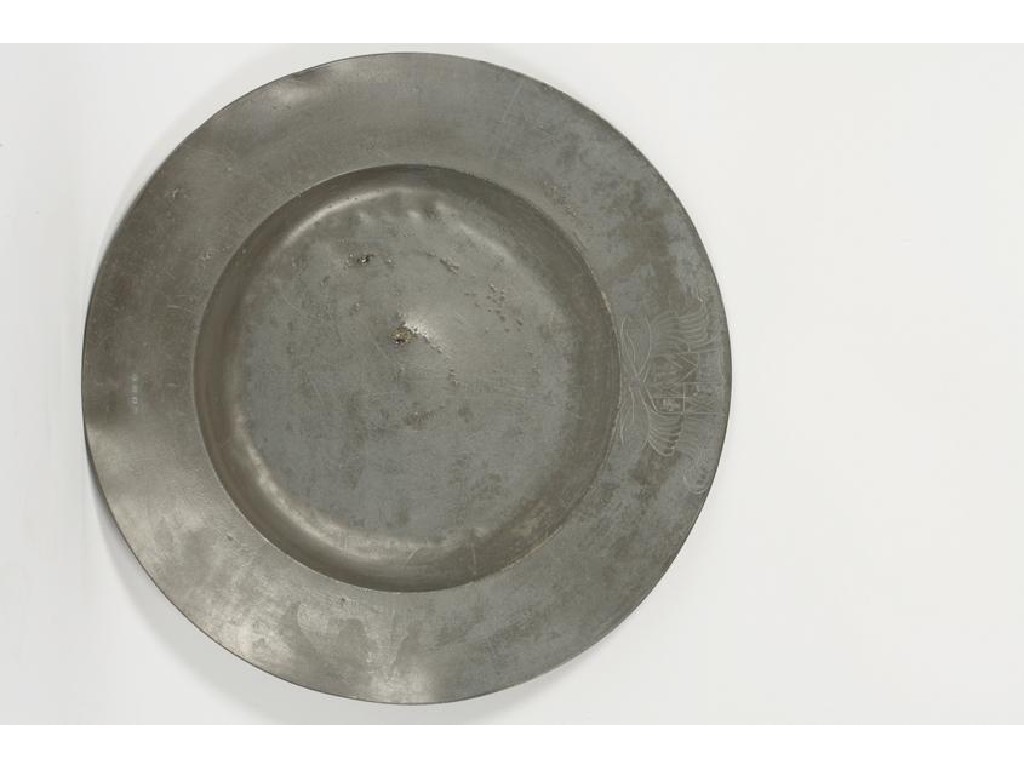 Appraisal: A CHARLES I PEWTER BROAD-RIM CHARGER engraved with the arms