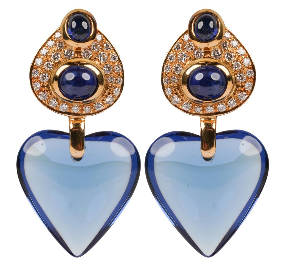 Appraisal: PAIR OF KARAT YELLOW GOLD DIAMOND SAPPHIRE GLASS 'HEART' EARRINGScontaining