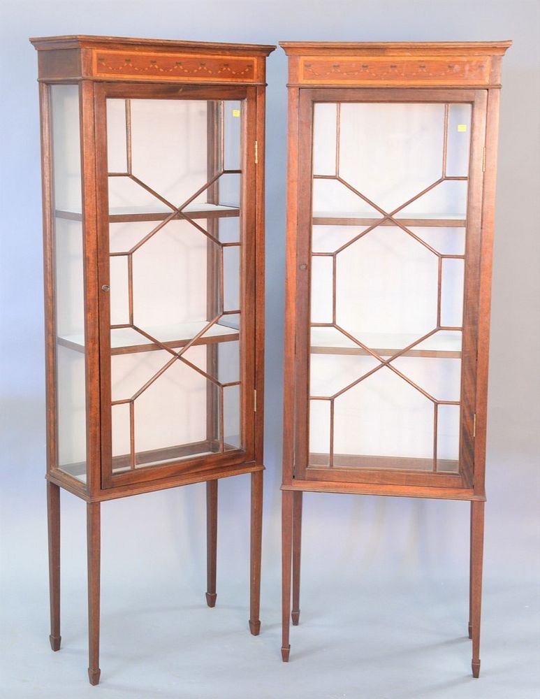 Appraisal: Pair mahogany inlaid china cabinets ht wd Pair mahogany inlaid