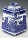 Appraisal: TEA CADDY - Blue Willow pattern tea caddy with advertisement