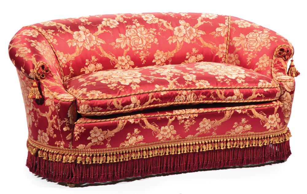 Appraisal: Edwardian-Style Claret Silk Damask Love Seat bullion fringe h in