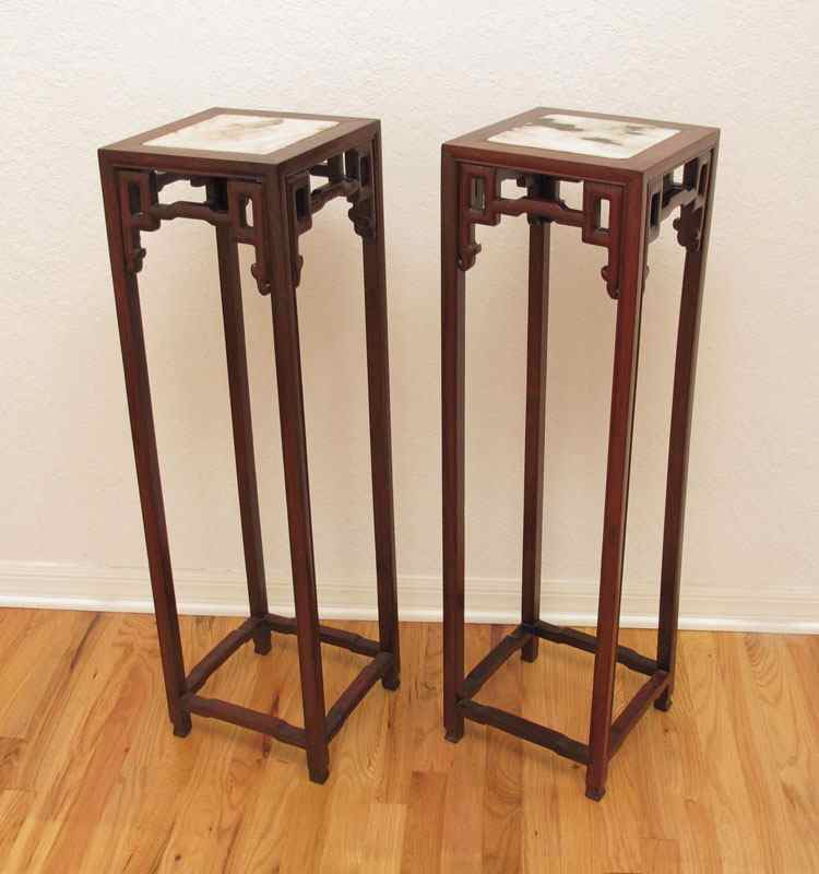 Appraisal: PAIR CHINESE MARBLE TOP FERN STANDS Inset marble tops carved