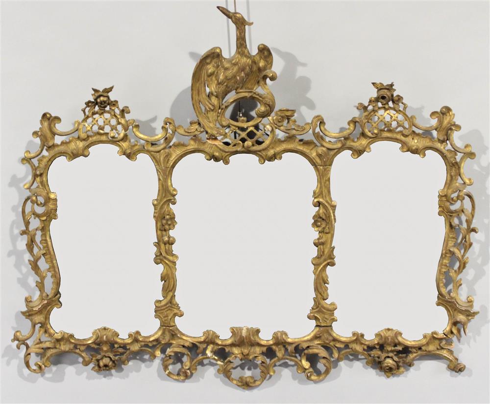 Appraisal: CARVED GILT-WOOD OVERMANTEL MIRROR in the Chippendale style the three