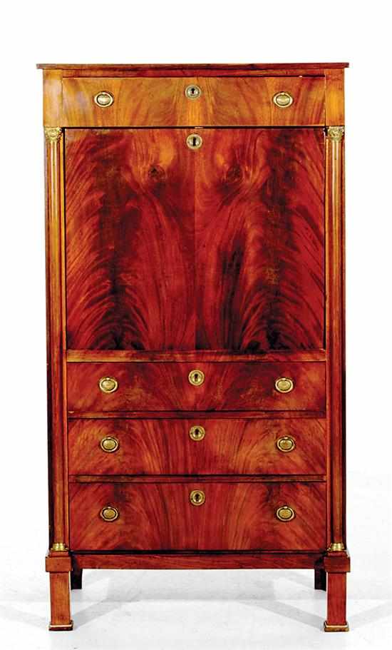 Appraisal: French Empire style mahogany secretaire abattant rectangular top above long