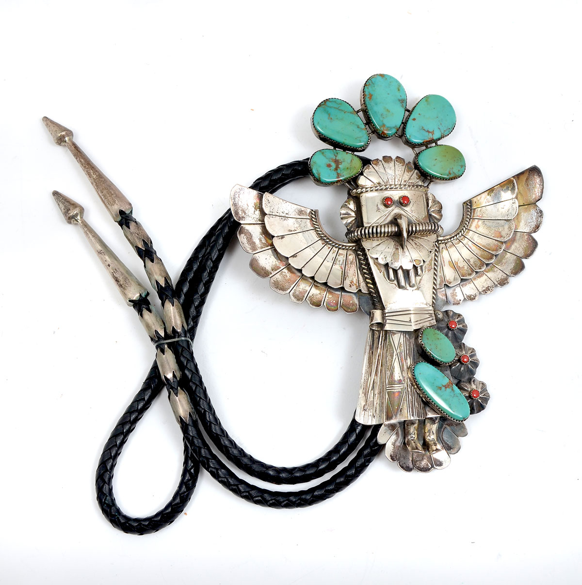 Appraisal: NATIVE AMERICAN INDIAN TURQUOISE SILVER KACHINA BOLO Beautifully detailed D