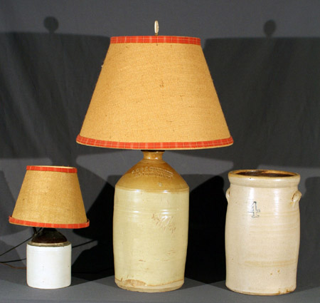 Appraisal: Two Cream Glazed Stoneware Jugs Mounted as Lamps and a