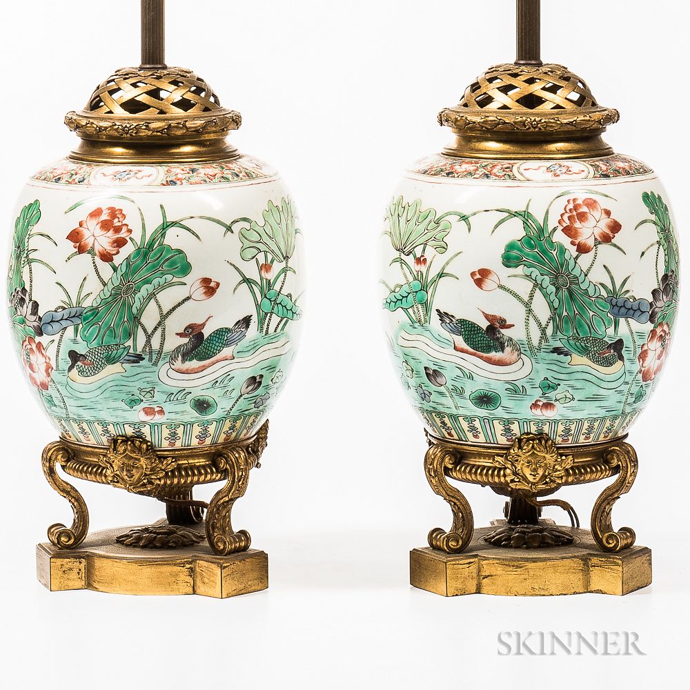 Appraisal: Pair of Chien Lung Porcelain and Gilt-bronze Ginger Jar Lamps