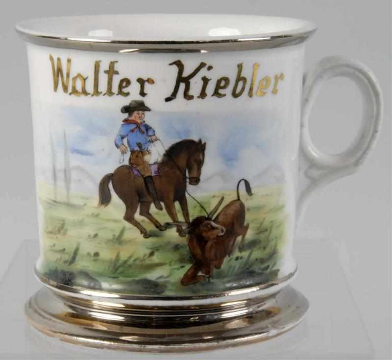 Appraisal: Cowboy Roping a Bull Shaving Mug Description Gilt name Walter