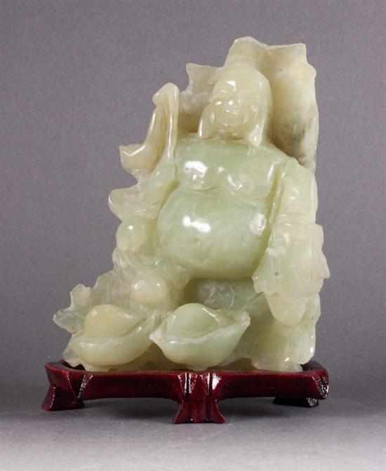 Appraisal: Chinese carved green hardstone figure of Hotai with a wooden