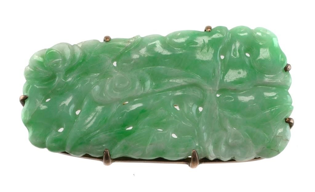 Appraisal: Carved green jade brooch with gold vermeil over sterling setting