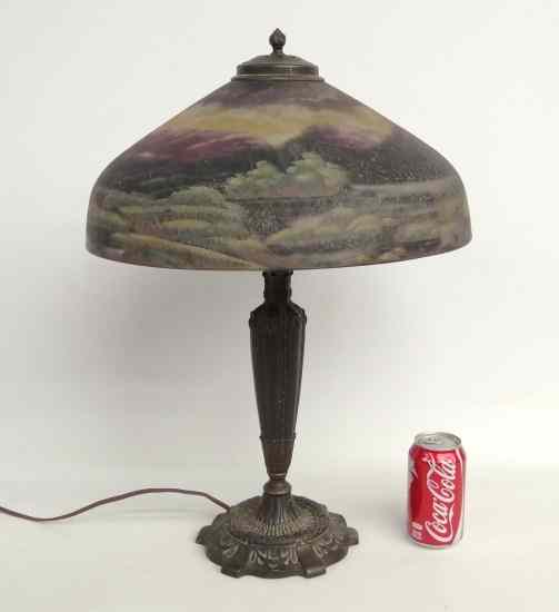 Appraisal: Labeled Pittsburgh lamp Lake of Killarney pattern Shade '' Diameter