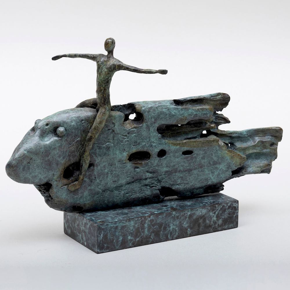 Appraisal: Marzia Colonna b Figure and Fish Bronze with green patina