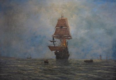 Appraisal: Graham Hedges b Moonlit Man 'War at anchor Signed Oil