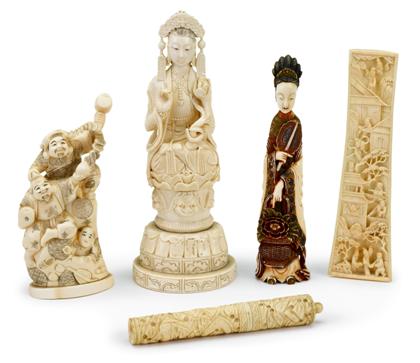 Appraisal: Collection of five assorted ivory carvingsComprising three carved ivory figures