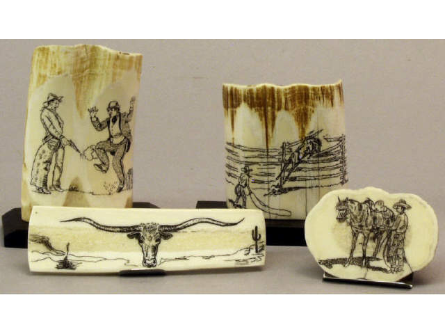 Appraisal: Unique collection of western art scrimshawed on walrus ivory all