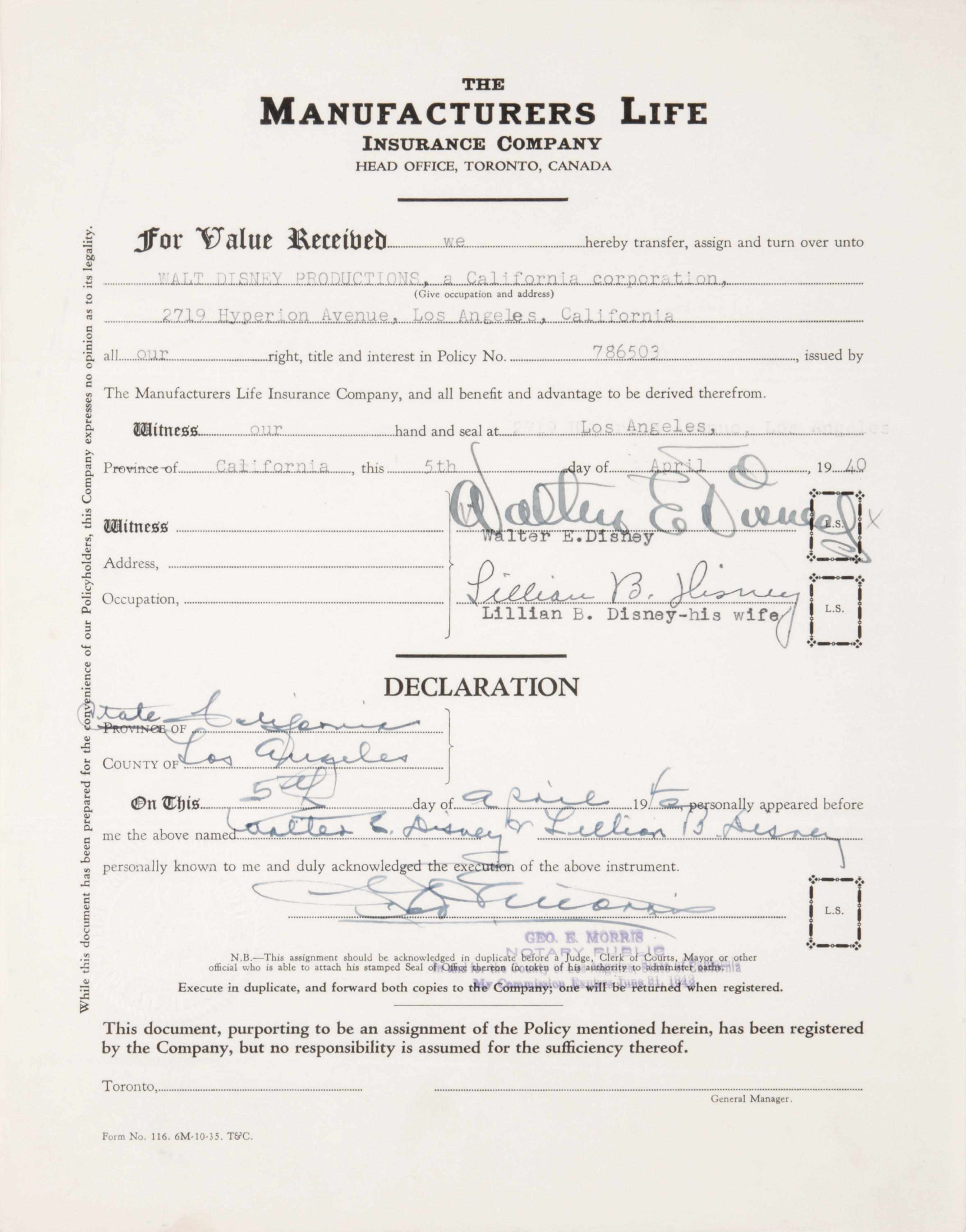 Appraisal: DISNEY WALTER ELIAS - Typed Document Signed ''Walter E Disney''