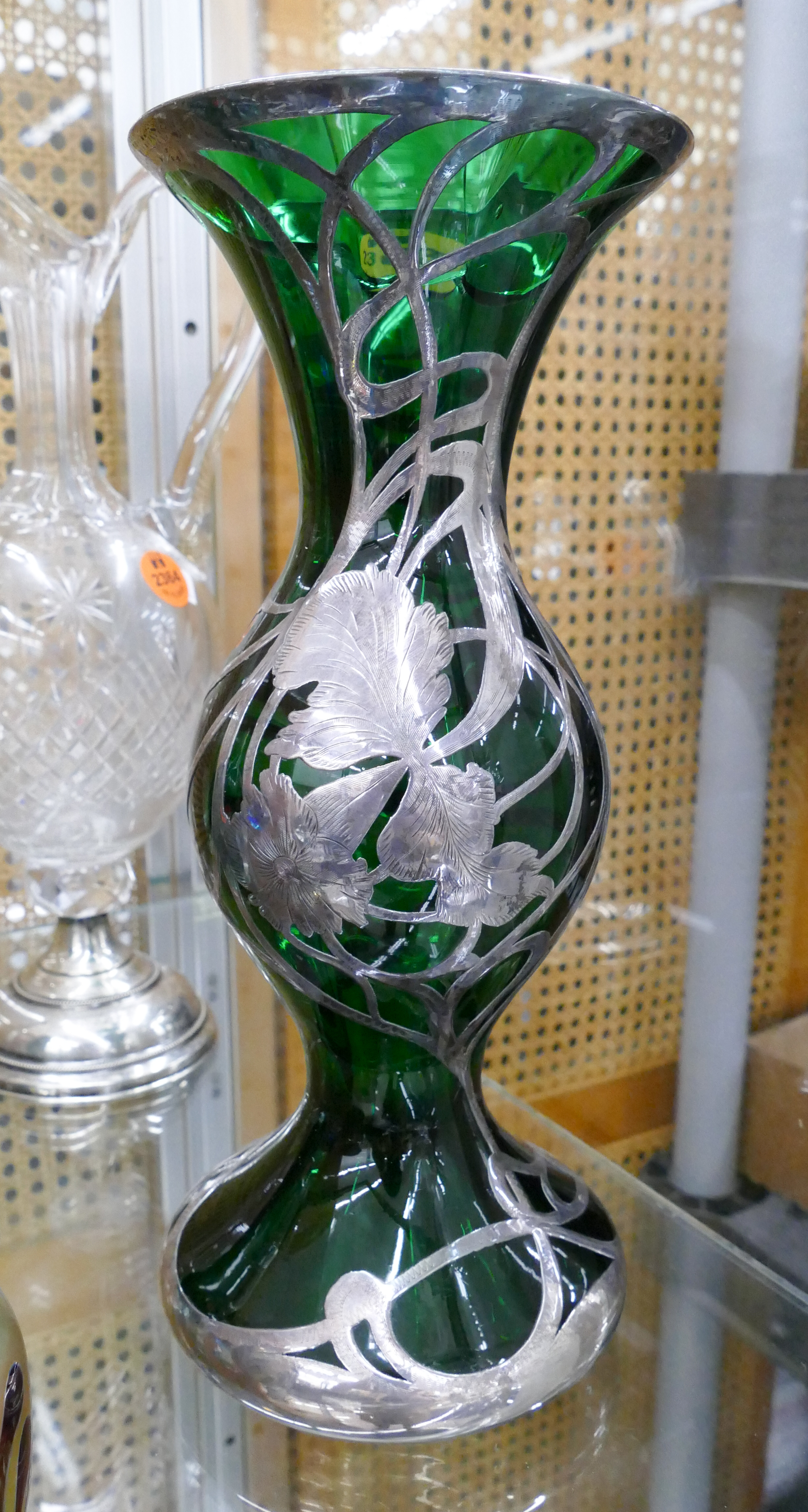 Appraisal: Art Nouveau Silver Overlay Green Glass Vase- AS IS- ''