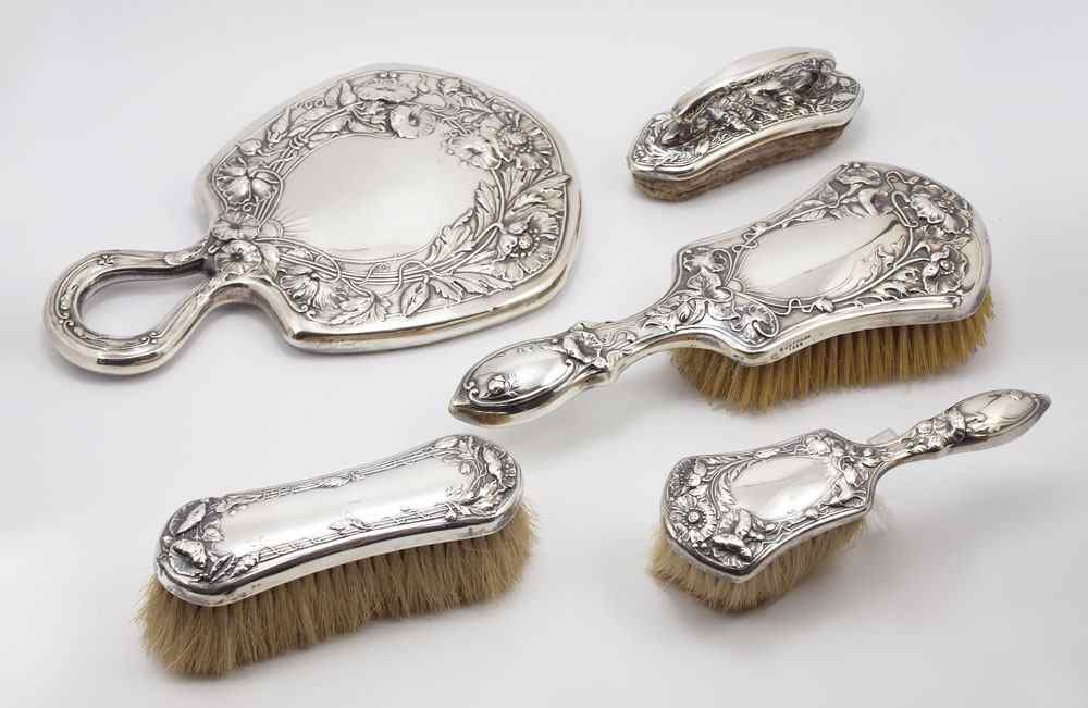 Appraisal: PIECE GORHAM ART NOUVEAU STERLING DRESSER SET To include Handled