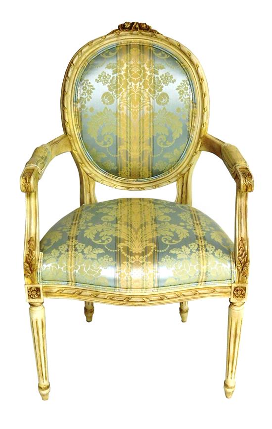 Appraisal: French style arm chair floral carved cream finished frame iridescent