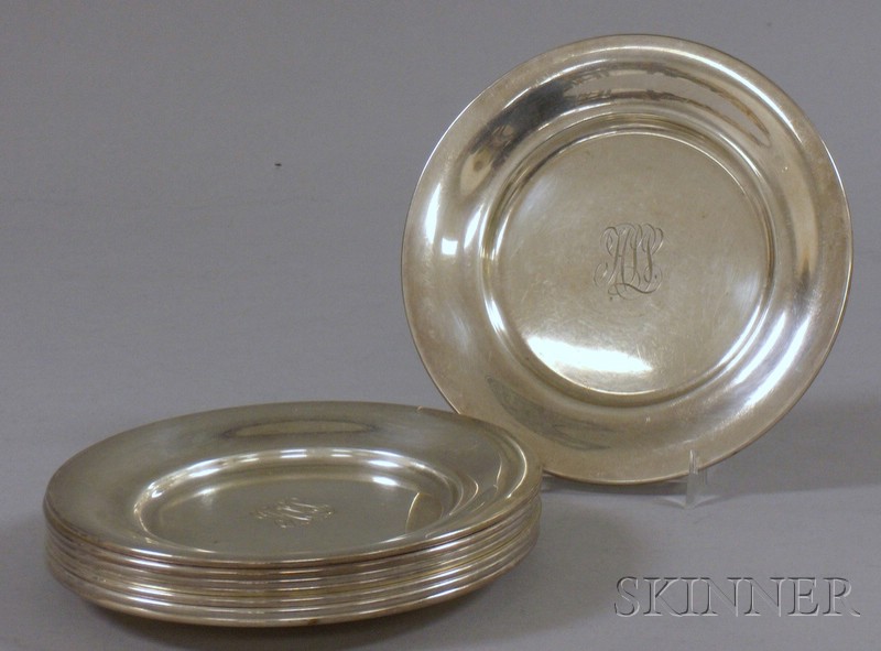 Appraisal: Eight Richard Dimes Sterling Silver Bread Plates monogrammed approx troy