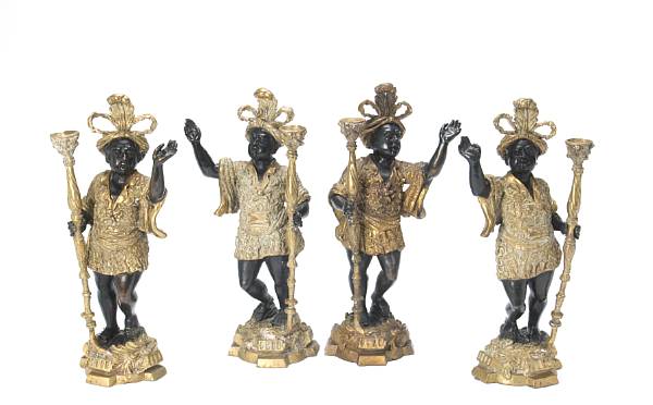 Appraisal: A set of four patinated and gilt bronze blackamoors modern