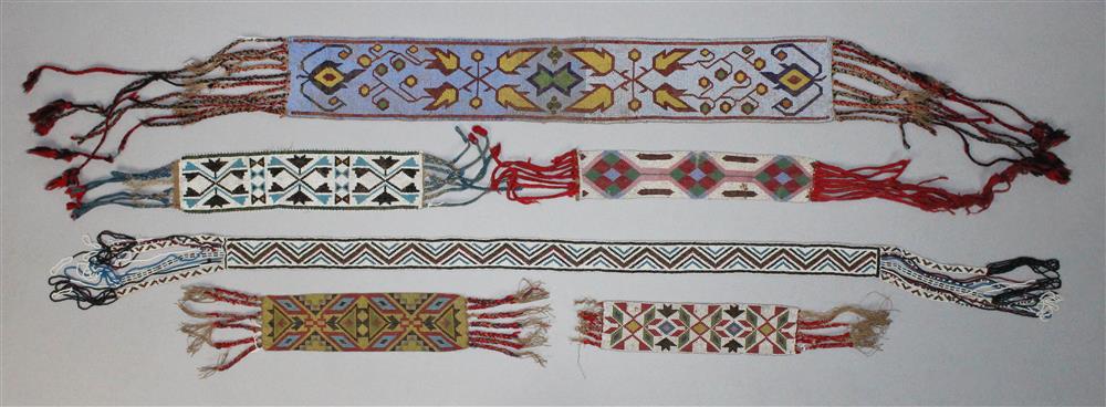 Appraisal: SIX MIDWESTERN AND WOODLANDS WOVEN BEADWORK BELTS AND GARTERS Provenance