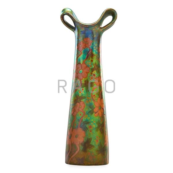 Appraisal: ZSOLNAY Tall vase with stylized blossoms Condition Report Restoration to